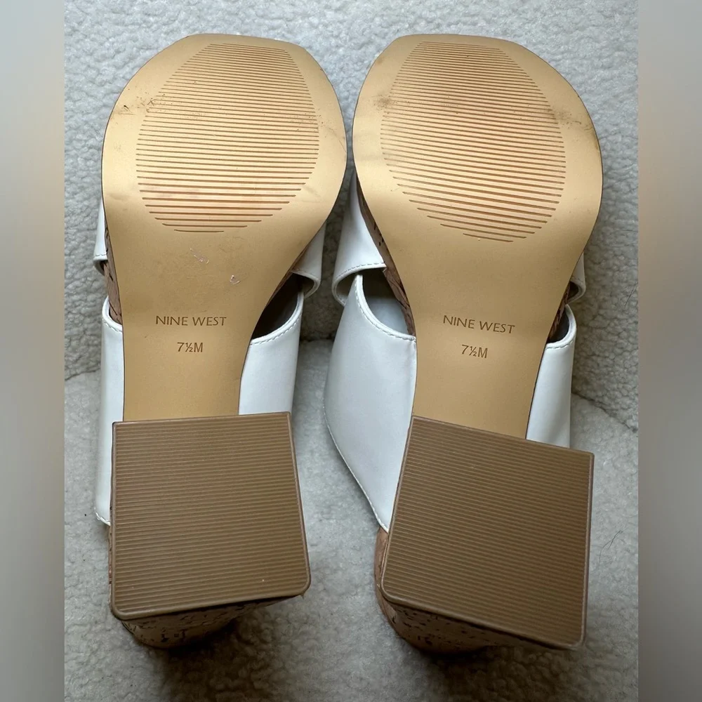 NWOT NINE WEST white‎ straps cork high heels platforms curved chunky summer 7.5